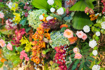 wedding flower decoration  . flower backdrop background. rose wall