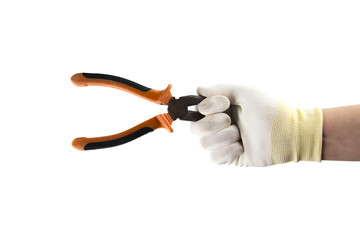 Orange and black flat-nose pliers in the hand in white glove isolated on white background 