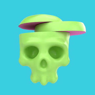 Cartoon funny skull cut to pieces. Stylish cute colorful children illustration isolated on simple background. Template for design project. Realistic 3d render.
