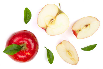 red apples with slices and leaves isolated on white background top view. Set or collection. Flat lay pattern