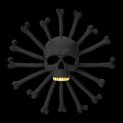 Realistic black human skull with gold teeth. Modern fashion 3d illustration. Creative design concept for print, cover, banner poster.