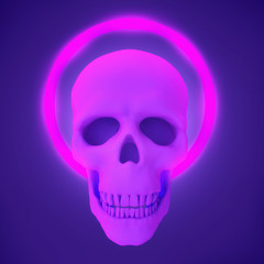 Realistic human neon skull with ultraviolet color. Modern fashion 3d illustration. Creative design concept for print, cover, banner poster.