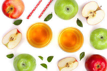 apple with juice and leaves isolated on white background top view. Flat lay pattern