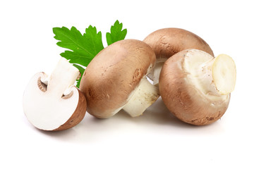 Royal Brown champignon with half and parsley leaf isolated on white background