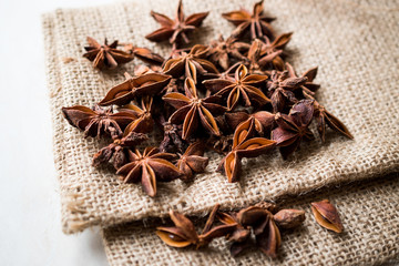 Star Anise Spice Fruits and Seeds on a Sack