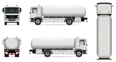 Tank truck vector mock-up. Isolated template of tanker lorry on white. Vehicle branding mockup. Side, front, back, top view. All elements in the groups on separate layers. Easy to edit and recolor.