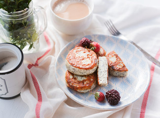 syrniki with poppy seeds on a wooden surface. concept of a healthy breakfast