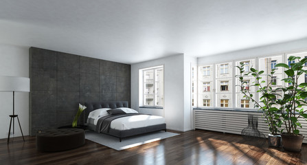 Spacious bright bedroom with wide windows