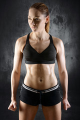Obraz na płótnie Canvas Frau in Sportbekleidung ist fit, muskulös und sportlich