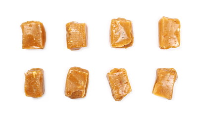 Caramels, pieces, set and collection isolated on white background, top view