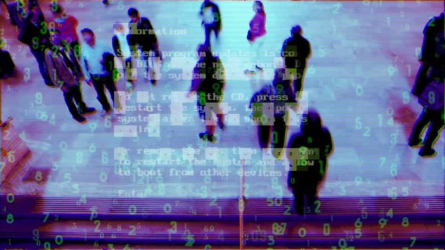 time lapse of people rushing around grand central station in new york with data and computer programming information mapped on top