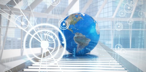 Composite image of globe on conveyor belt