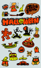 Happy Halloween Hand Drawn Horror Sketch Set with Calligraphy Text volume1