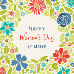 Women's Day - card with hand drawn flowers and wishes. Vector.