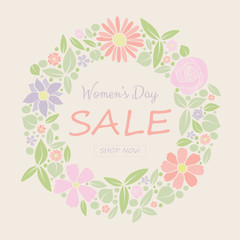 Women's Day Sale - pastel coloured poster with flowers in retro style. Vector.