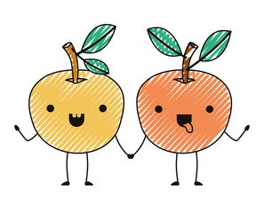 orange couple fresh and citrus fruit kawaii characters vector illustration design