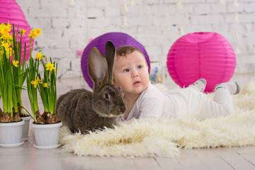 little boy in rabbit costume lays in flowers and easter rabbit