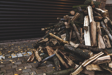 pile of firewood lies in yard
