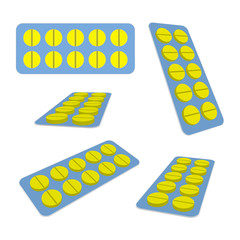 Yellow pills in the blister. Views from different angles. Medical vector illustration