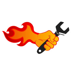 Wrench in hand with fire
