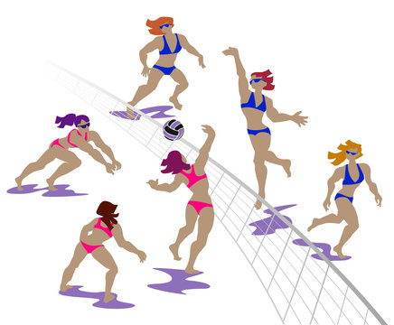 Vector illustration of volleyball players at beach. Female beach volleyball.