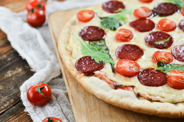 Tasty Pizza With Tomato Sauce, Pepperoni Sausage, And Mushrooms On Wooden Background Natural Rustic, A Pizza Cutter And Ingridienty.