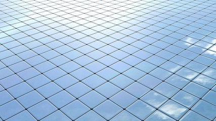 3D rendering mosaic reflecting a blue sky with some clouds and sun