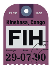 Kinshasa airport luggage tag. Realistic looking tag with stamp and information written by hand. Design element for creative professionals.