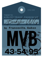 Franceville airport luggage tag. Realistic looking tag with stamp and information written by hand. Design element for creative professionals.