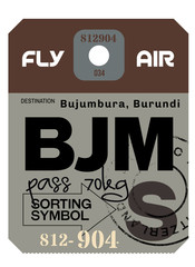 Bujumbura airport luggage tag. Realistic looking tag with stamp and information written by hand. Design element for creative professionals.