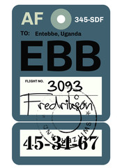 Entebbe airport luggage tag. Realistic looking tag with stamp and information written by hand. Design element for creative professionals.