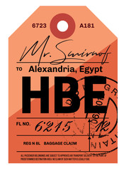 Alexandria airport luggage tag. Realistic looking tag with stamp and information written by hand. Design element for creative professionals.