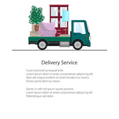 Green Freight Car is Transporting Furniture and Text, Brochure Transportation and Cargo Delivery Services, Logistics, Poster Flyer Design, Vector Illustration