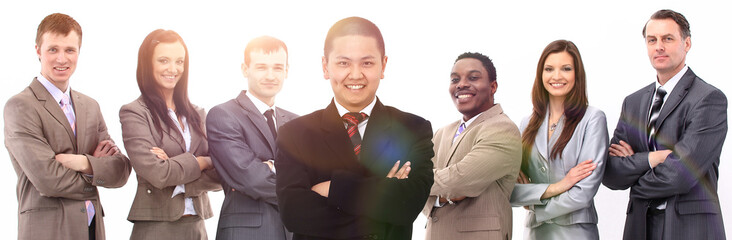 businessman standing in front of his business team