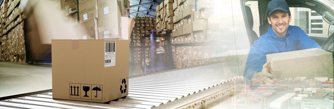 Composite Image Of Packed Carton Box On Conveyor Belt