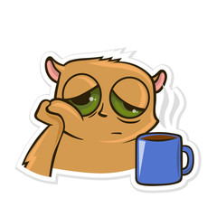 Sticker for messenger with funny animal. Hamster with a Cup of tea or coffee. Vector illustration, isolated on white background.