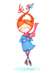 hand drawn picture of girl figure skating on ice by the color pencils on white background. Winter fun sport activities illustration