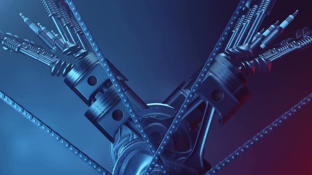 V6 engine inside, animation in motion, pistons, camshaft, chain, valves and other mechanical parts car. Illustration of how an internal combustion engine works in motion
