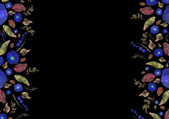 Painted watercolor composition with flowers and leaves. Frame of roses. Floral border. Can be used as invitation card for wedding, birthday, other holiday, summer background, poster, banner.