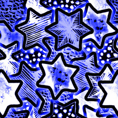 Festive Magic Seamless Pattern with Neon Watercolor Stars. Lighting Christmas Tree Garland Background. New Year Flashlights. Hand drawn star print for wrapping, textile, wallpaper, cards, books.