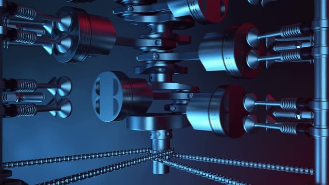 V6 engine inside, animation in motion, pistons, camshaft, chain, valves and other mechanical parts car. Illustration of how an internal combustion engine works in motion