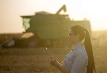 Farmer girl with tablet and combine harvester