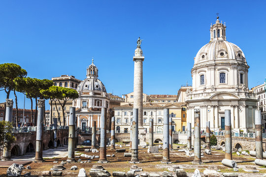 View of the Trajan forum with the Church of Santa Maria di Loreto and column Trajan, Rome, Italy