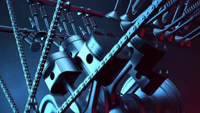 V6 engine inside, animation in motion, pistons, camshaft, chain, valves and other mechanical parts car. Illustration of how an internal combustion engine works in motion