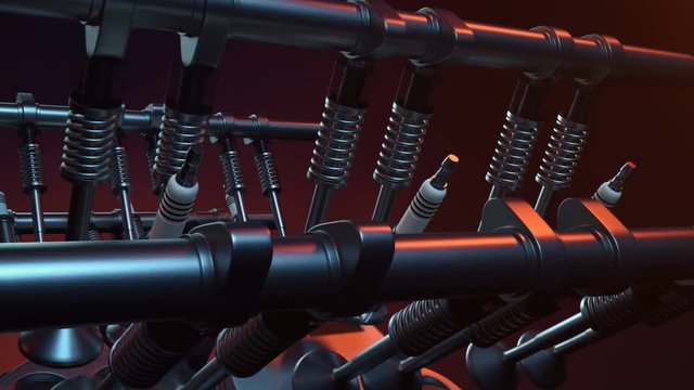 V6 engine inside, animation in motion, pistons, camshaft, chain, valves and other mechanical parts car. Illustration of how an internal combustion engine works in motion