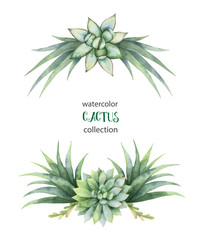 Watercolor vector wreath of cacti and succulent plants isolated on white background.