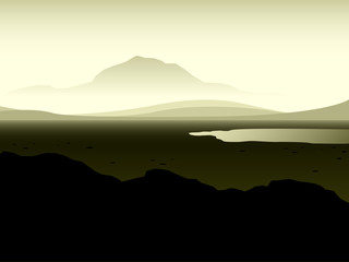 minimal arid landscape with mountains and lake evaporating, realistic editable vector