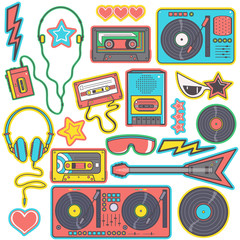Colorful collection of eighties pop music style stickers, isolated vector designs on white background