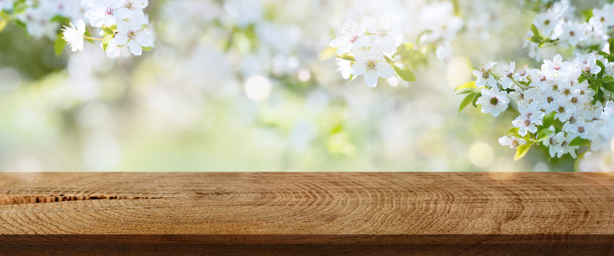 Spring flowers in a park with rustic wooden table