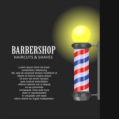 Barber shop pole with stripes on dark background. Barbershop sign, hairdresser symbol in flat style. Banner template Vector illustration
